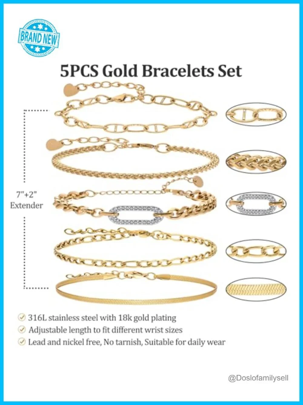 18K Gold Plated Bracelets Set for Women, Adjustable Stackable Link Chain